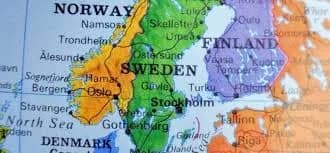 A map of the Nordics, with Norway, Sweden, Finland and Denmark picked out in colour