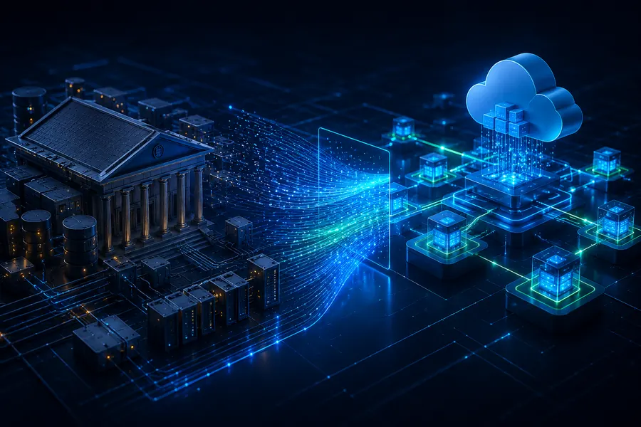 A classical bank building wired into a lattice of data nodes and a cloud, lit blue and green