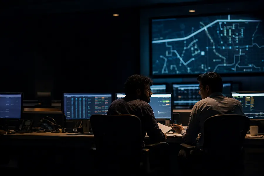 Two people at a trading desk of monitors, a network map on the wall screen behind them