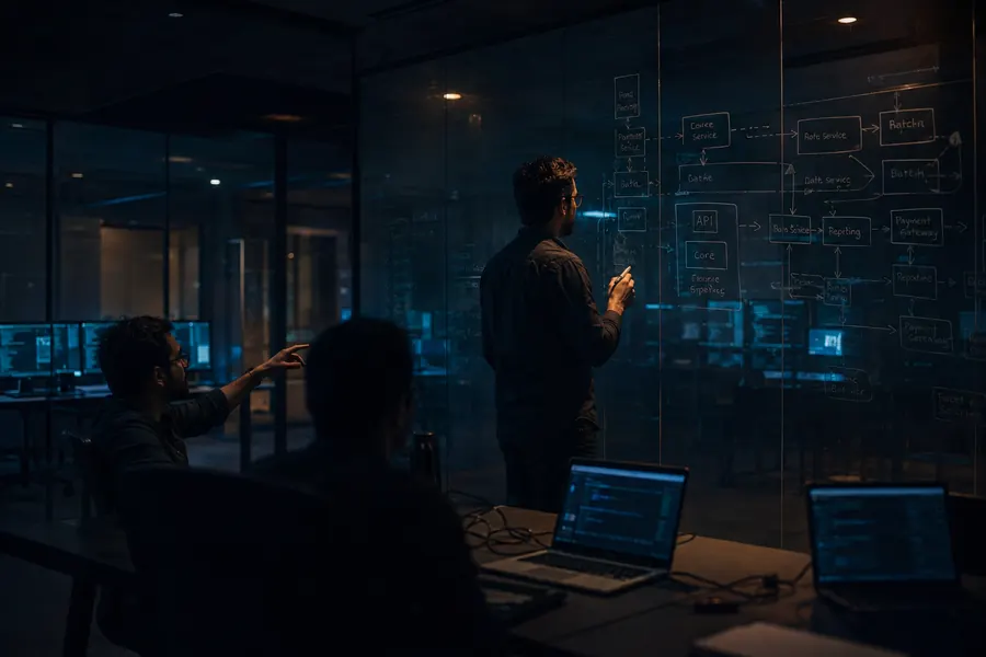 A team at a glass wall of system diagrams, one person tracing a connection between them