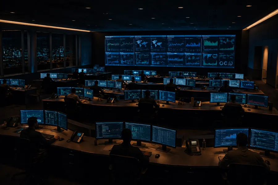 A tiered operations floor of workstations under a wall of dashboards