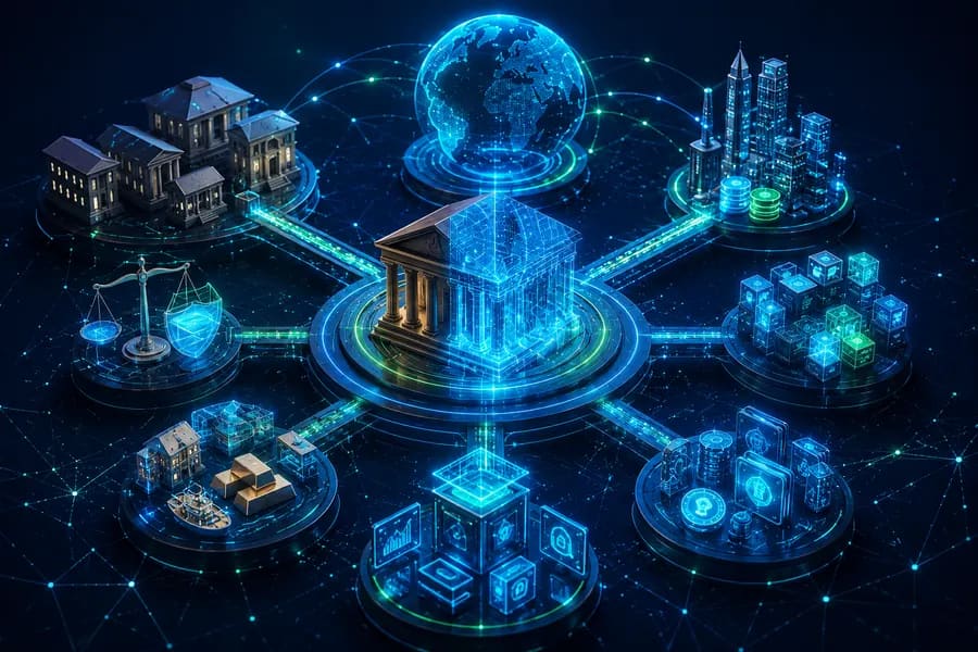 Institutions, a globe and a city linked around a central bank on a lit platform