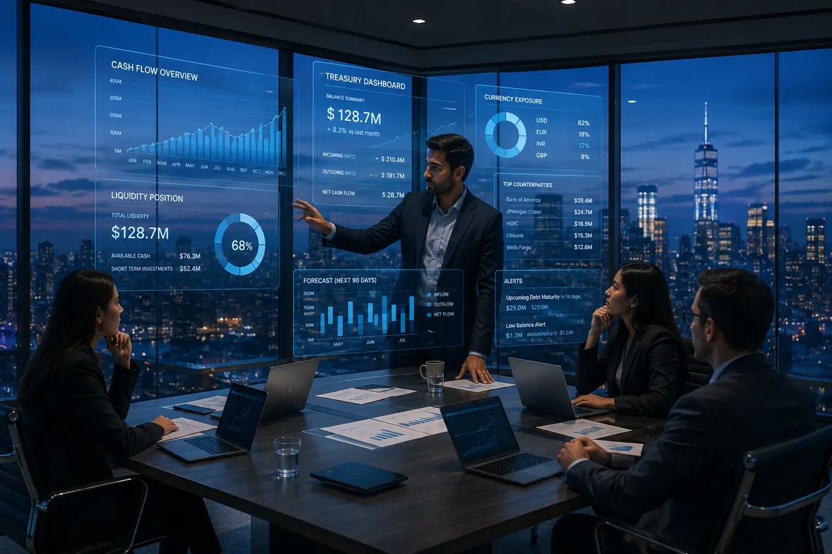 Treasury team reviewing cash-flow and liquidity dashboards in a boardroom at dusk