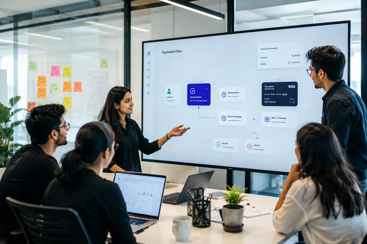 Product team walking through a payment flow diagram on a meeting-room screen