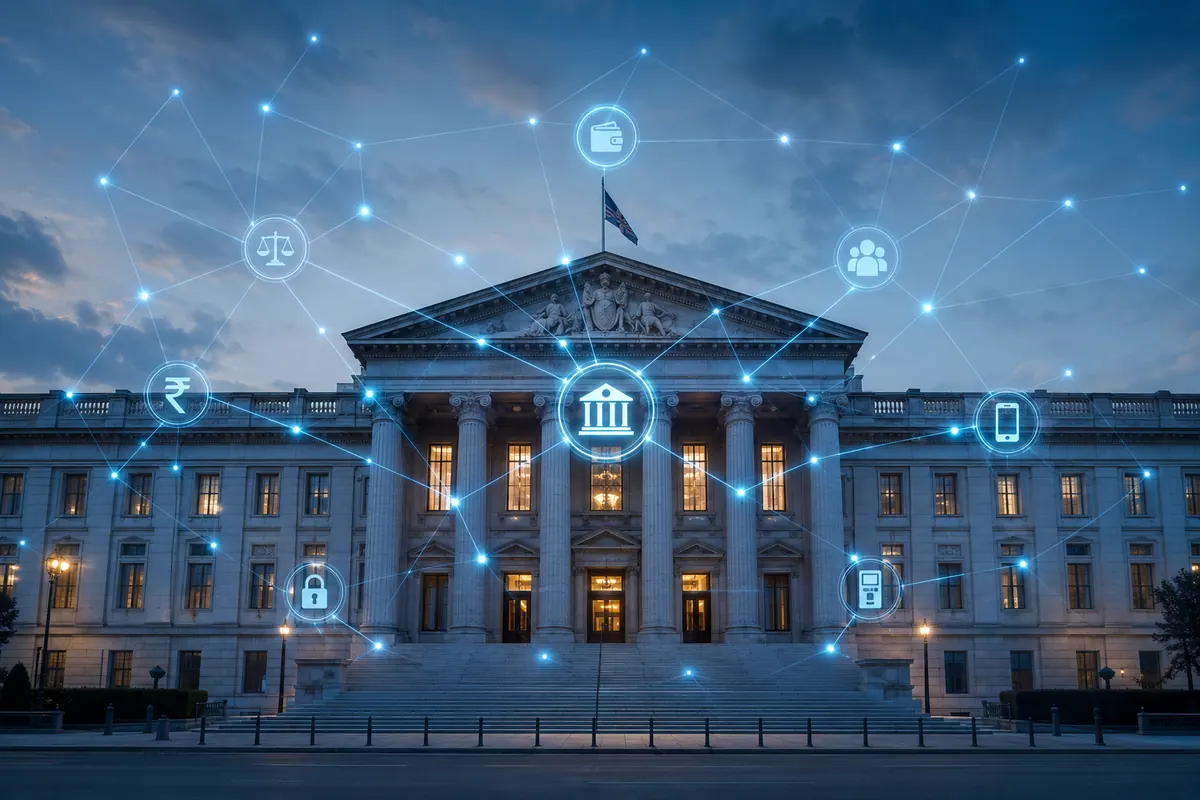 Neoclassical government building overlaid with a network of connected public service icons