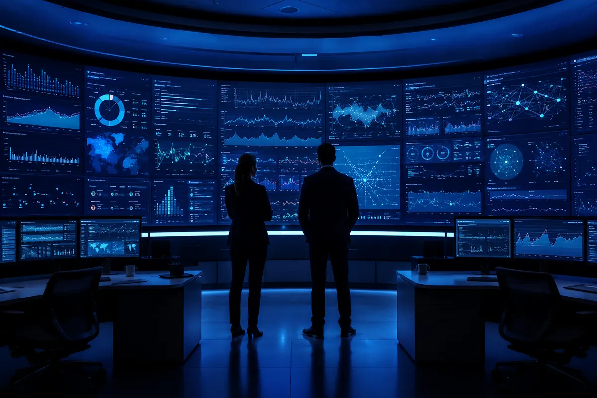 Two analysts monitoring a wall of market surveillance dashboards