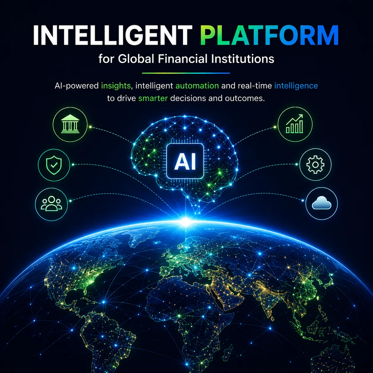 Poster headed “Intelligent Platform for Global Financial Institutions — AI-powered insights, intelligent automation and real-time intelligence to drive smarter decisions and outcomes”, over an AI chip inside a neural-network brain above a lit globe, linked out to six nodes: banking, security, customer groups, growth, automation and cloud