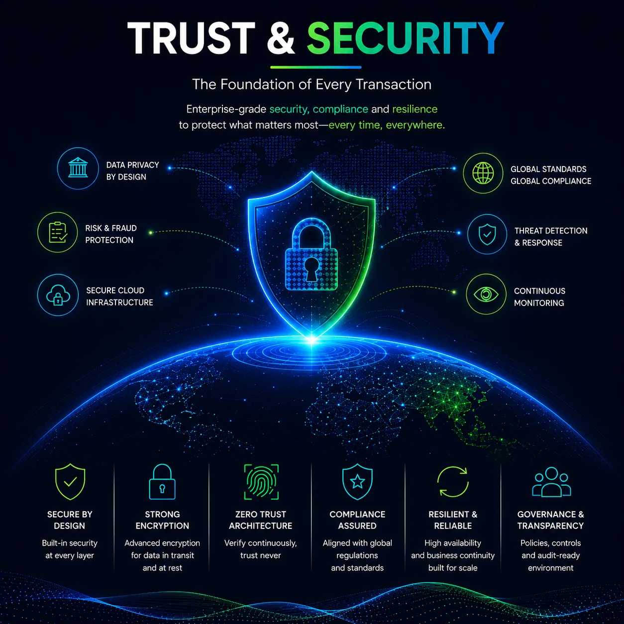 Poster headed “Trust & Security, the foundation of every transaction — enterprise-grade security, compliance and resilience to protect what matters most, every time, everywhere”, over a shield and padlock above a lit globe, ringed by data privacy by design, risk and fraud protection, secure cloud infrastructure, global standards and compliance, threat detection and response, and continuous monitoring, above a row of six further controls: secure by design, strong encryption, zero trust architecture, compliance assured, resilient and reliable, and governance and transparency
