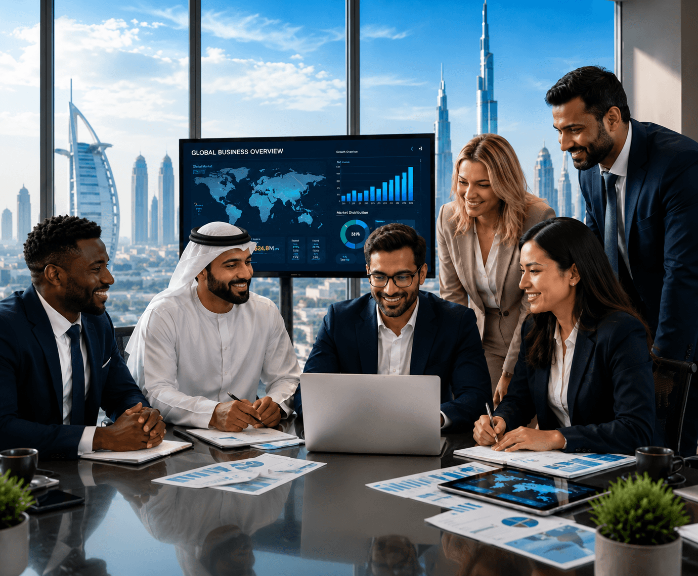 Team reviewing a global business overview dashboard together in a boardroom, with a city skyline beyond