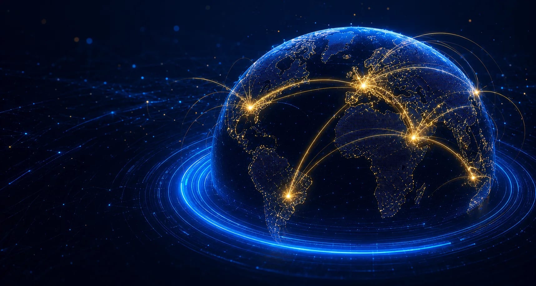 Digital globe with lit corridors arcing between financial centres