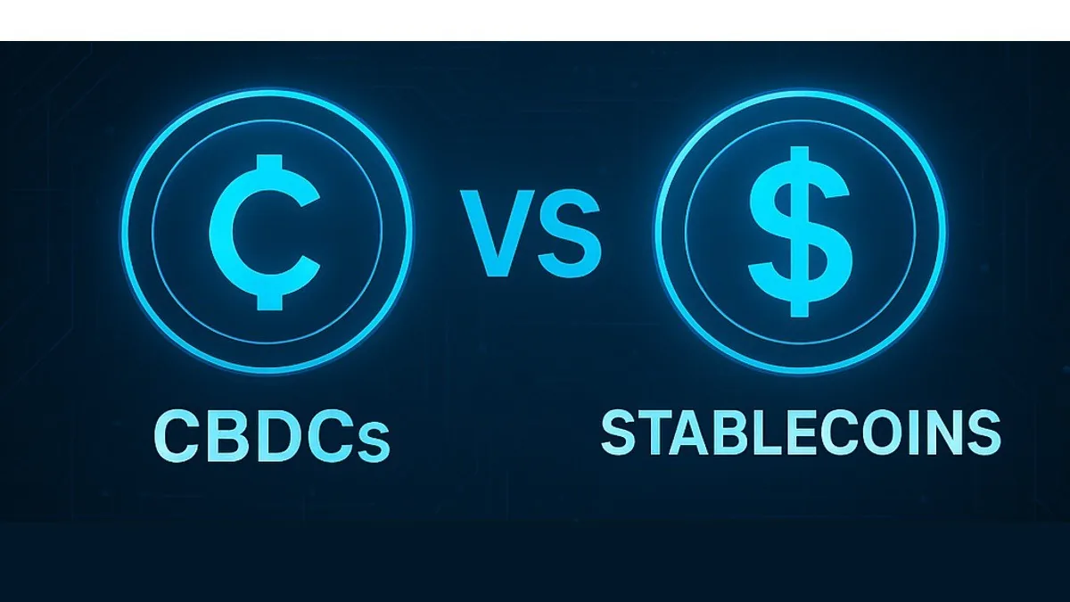 Two lit coins side by side on near-black — a cent mark labelled CBDCs and a dollar mark labelled STABLECOINS — with “vs” between them