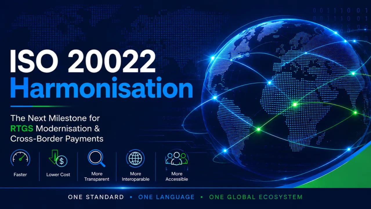 ISO 20022 Harmonisation — the next milestone for RTGS modernisation and cross-border payments: a lit globe crossed by payment routes, five marks reading faster, lower cost, more transparent, more interoperable and more accessible, over the line one standard, one language, one global ecosystem