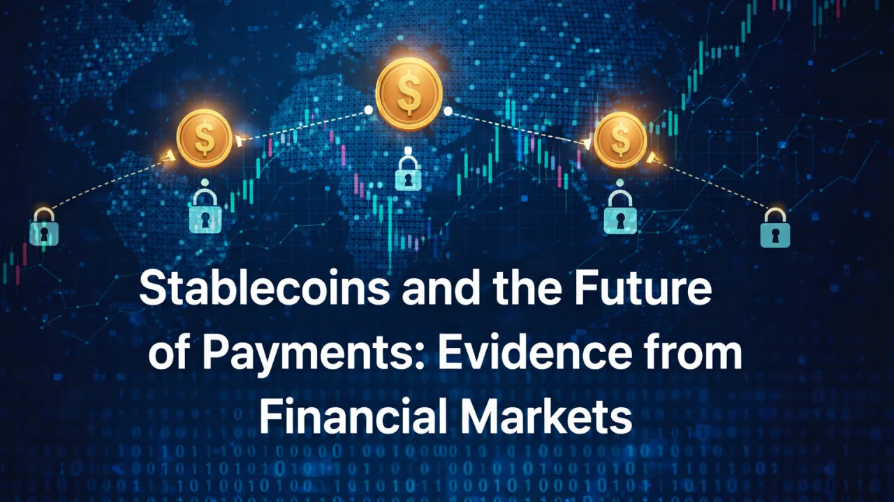 A dark world map crossed by dotted routes linking three gold dollar coins, a padlock standing under each, with a candlestick chart and columns of binary behind — titled “Stablecoins and the Future of Payments: Evidence from Financial Markets”