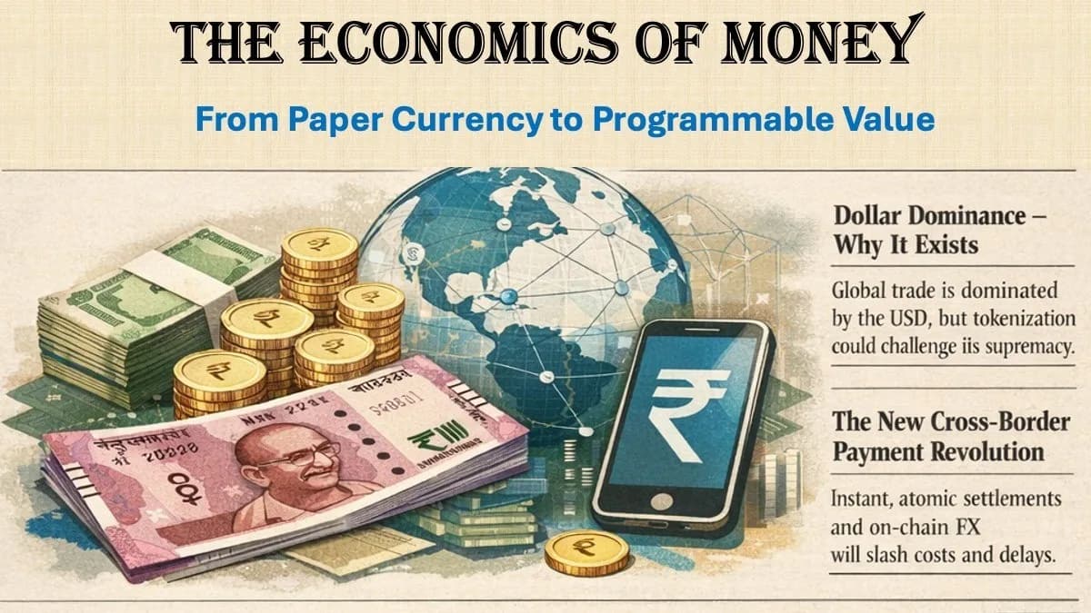 Titled “The Economics of Money — From Paper Currency to Programmable Value”: stacked rupee notes and gold coins beside a networked globe and a handset showing a rupee mark, with panels headed “Dollar Dominance — Why It Exists” and “The New Cross-Border Payment Revolution”