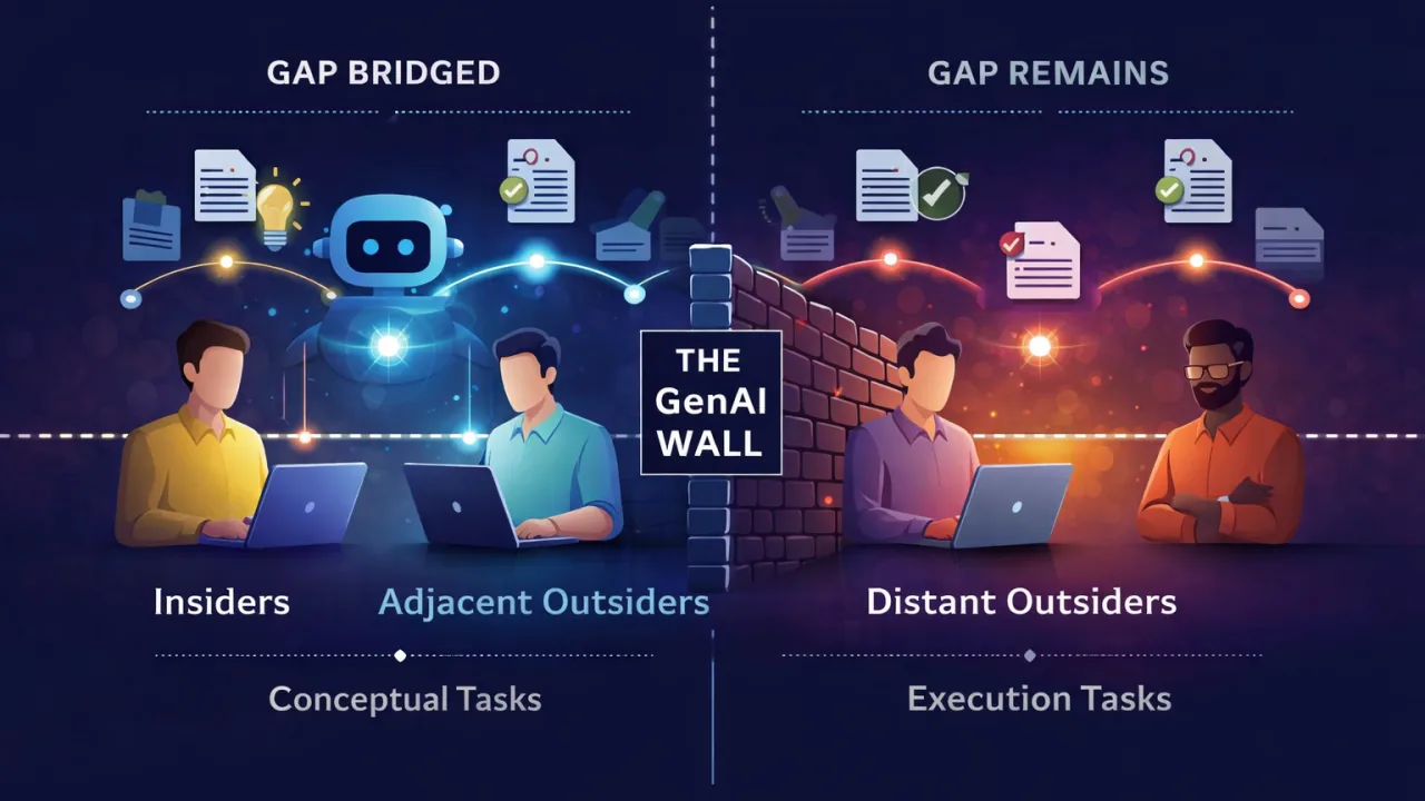 A brick wall labelled “THE GenAI WALL” splitting the frame: on the left, headed “GAP BRIDGED”, insiders and adjacent outsiders work at laptops with an AI assistant over “conceptual tasks”; on the right, headed “GAP REMAINS”, distant outsiders sit apart over “execution tasks”