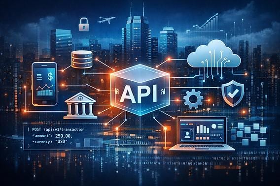 API layer over a city skyline, linking mobile, database, cloud, analytics and security services