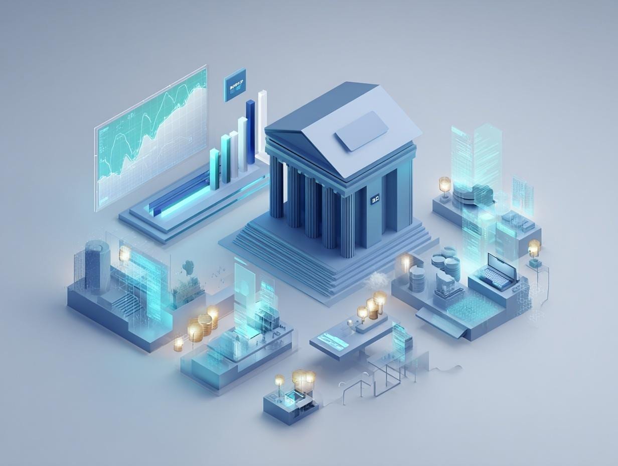 Isometric financial district with a central bank building, market charts and connected service blocks