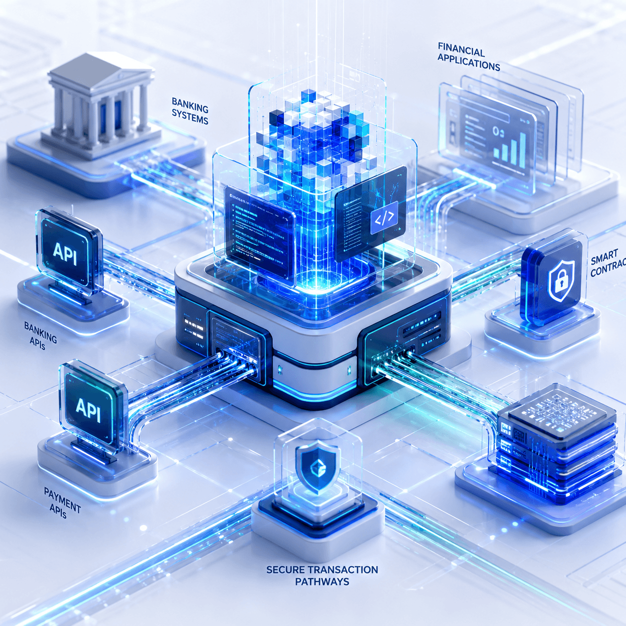 Isometric integration hub routing banking systems, banking and payment APIs, financial applications, smart contracts and secure transaction pathways