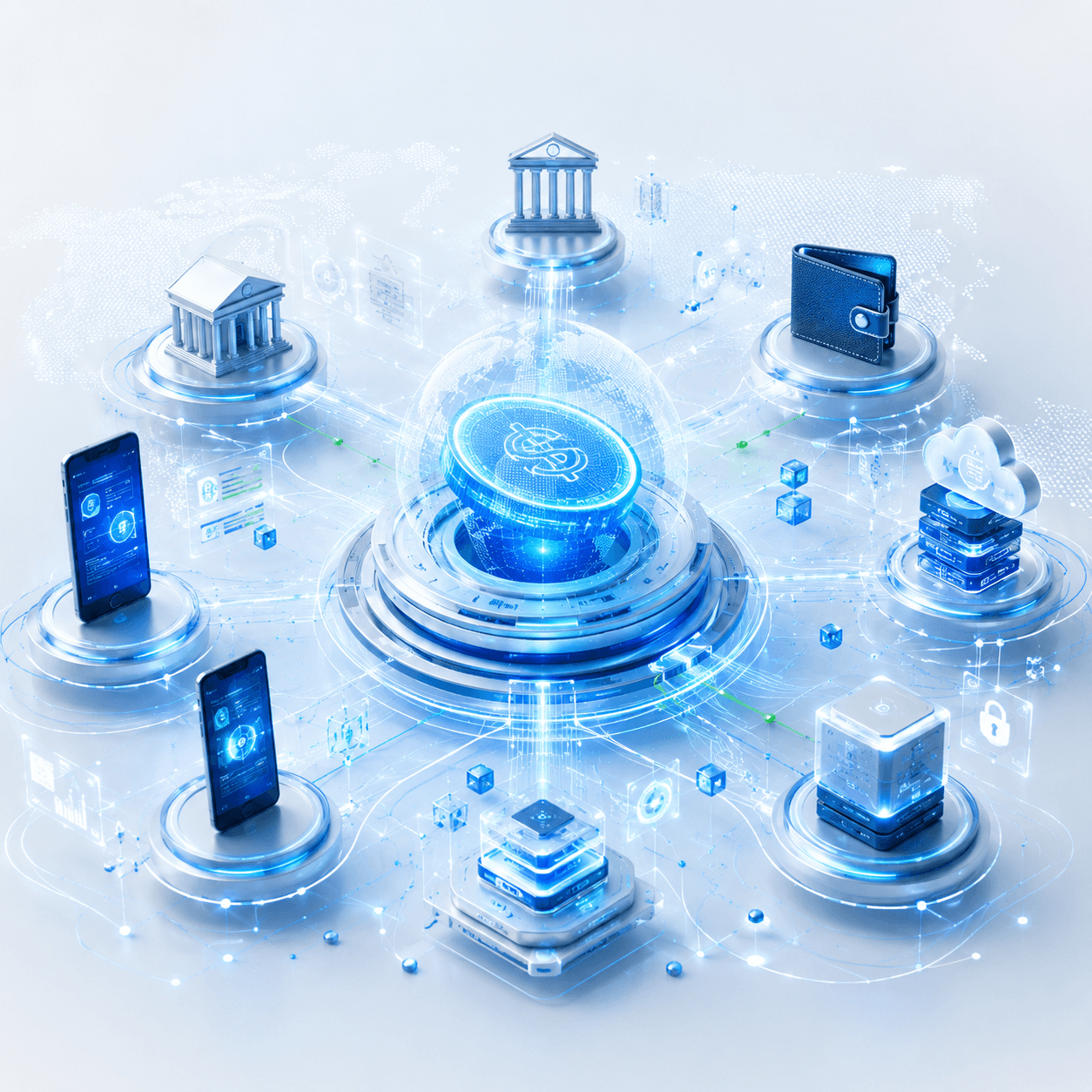 Isometric network linking banks, wallets, mobile apps, cloud infrastructure and secure ledgers around a central digital currency token