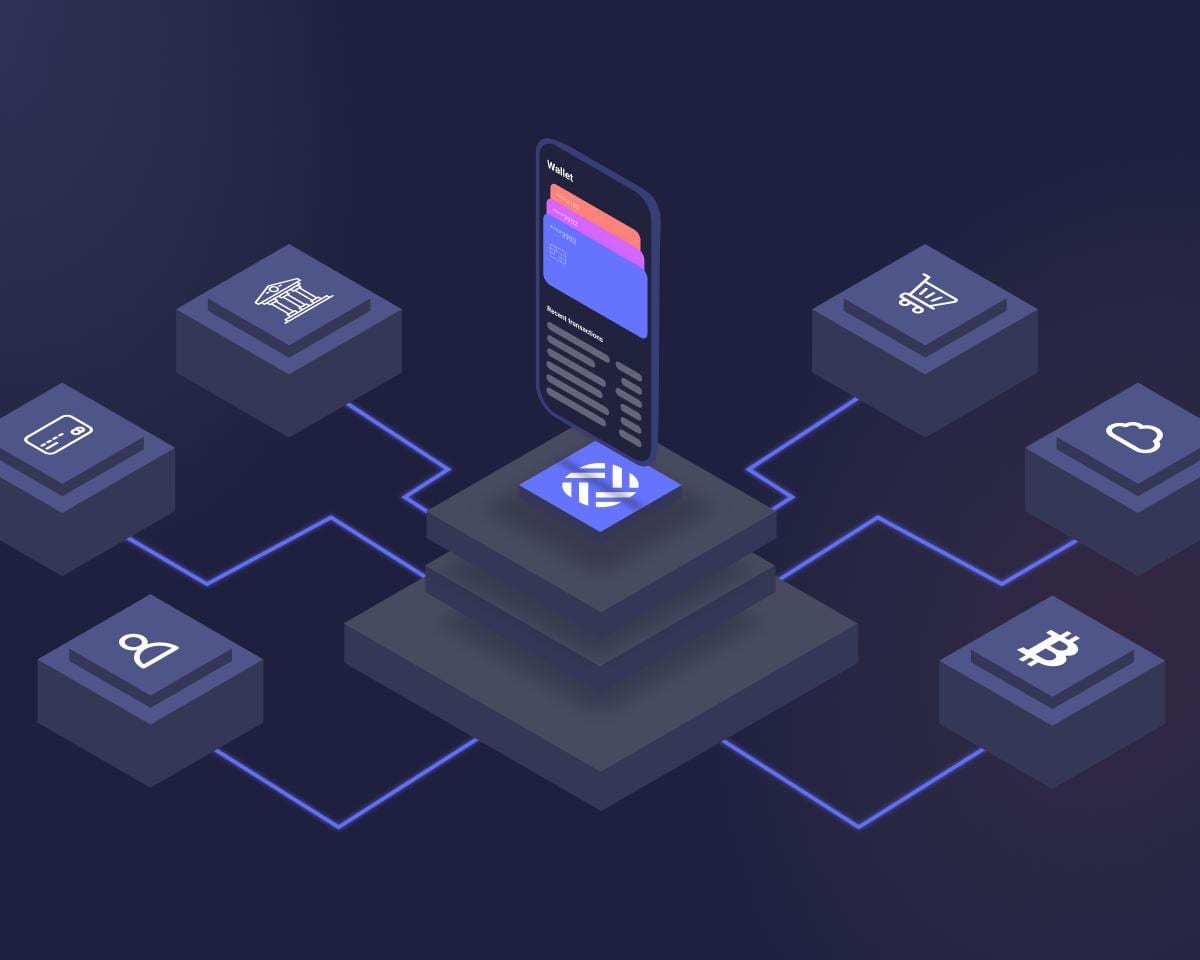 Isometric wallet platform connected to cards, banking, retail, cloud, identity and digital currency nodes