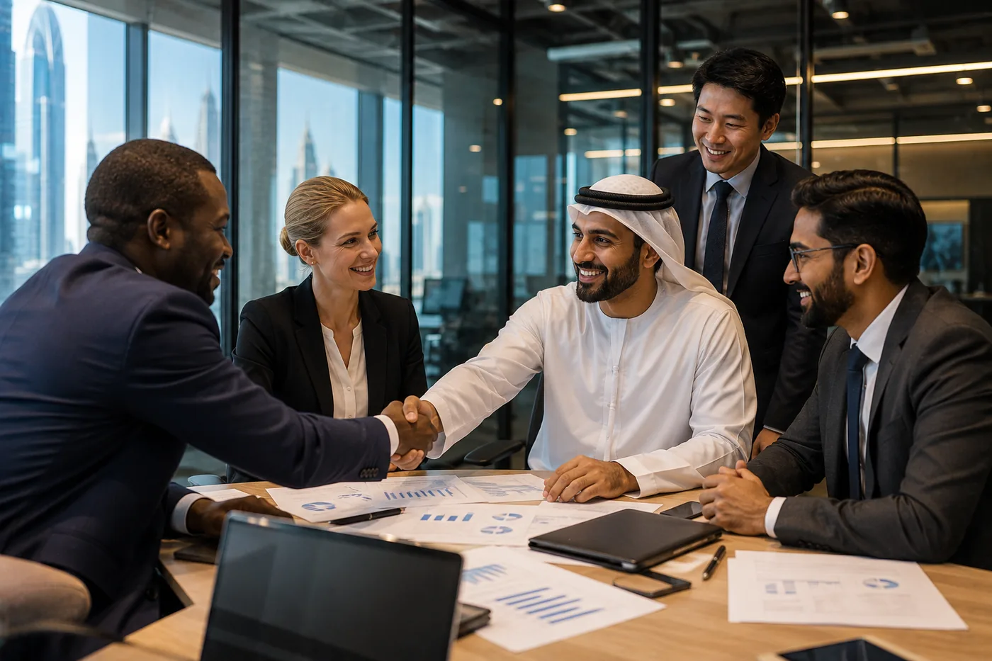Five colleagues around a boardroom table, two of them shaking hands over printed charts and a laptop, a city skyline beyond the glass
