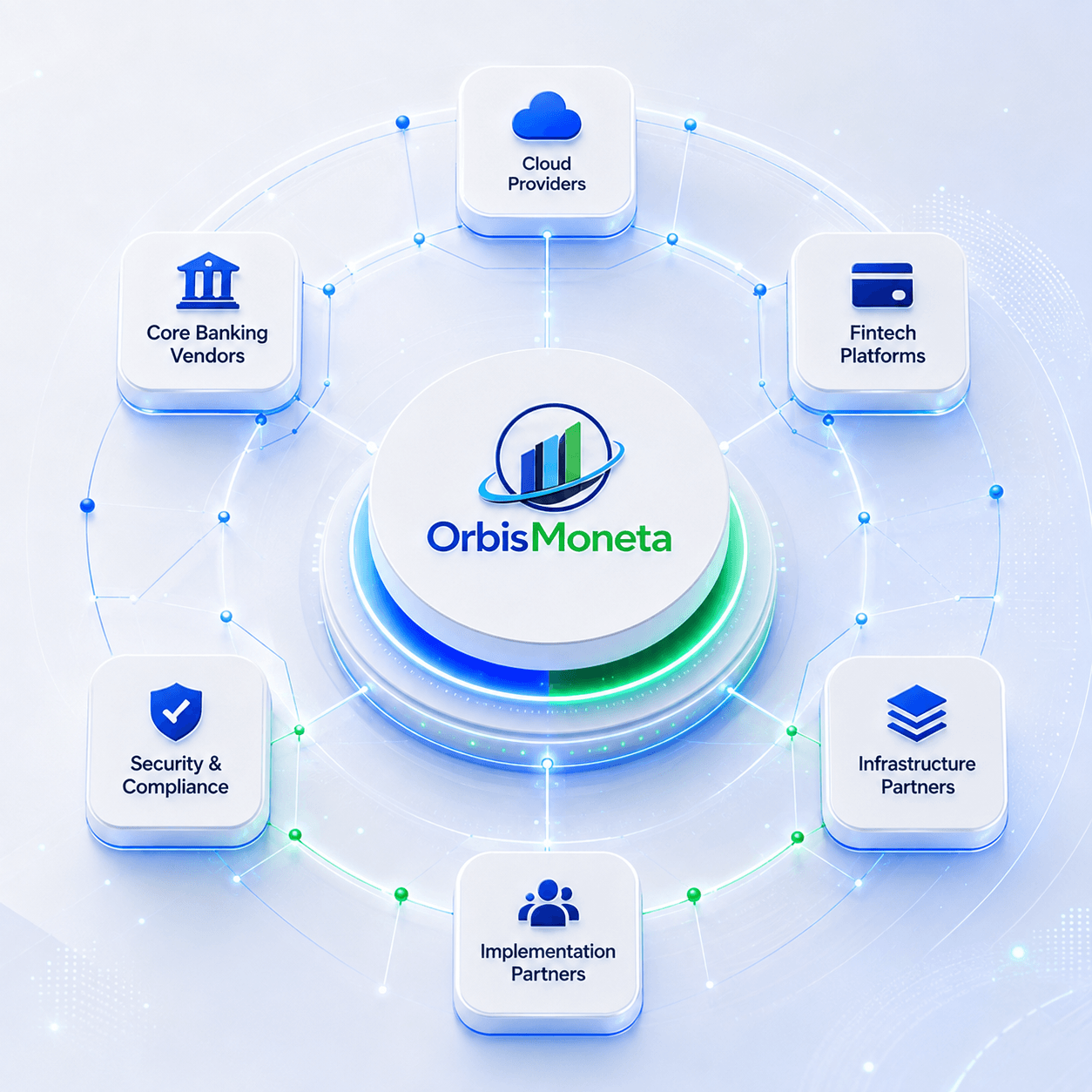 OrbisMoneta at the centre of its partner ecosystem, linked to cloud providers, core banking vendors, fintech platforms, security and compliance, infrastructure partners and implementation partners